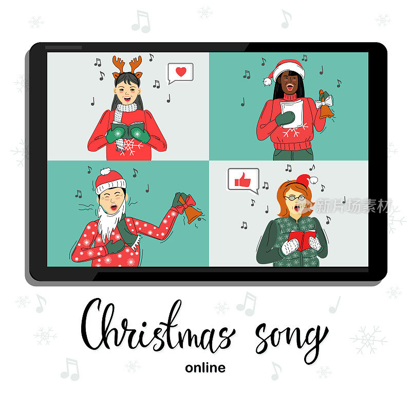 A group of people in winter suits meet online via video conference. They sing Christmas songs. Vector illustration.